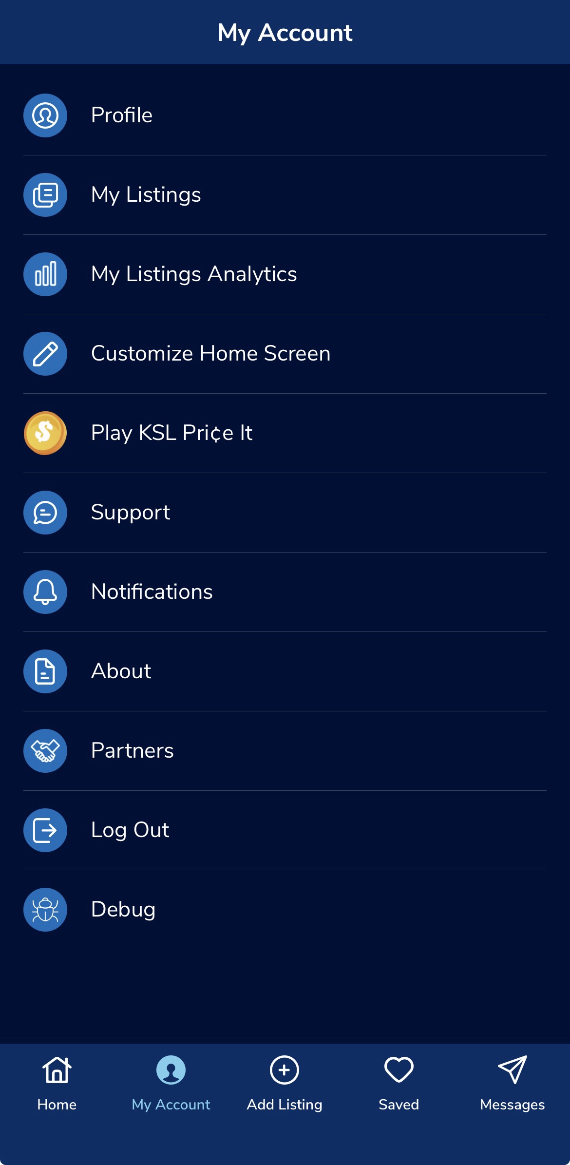 KSL Classifieds My Account menu showing Profile