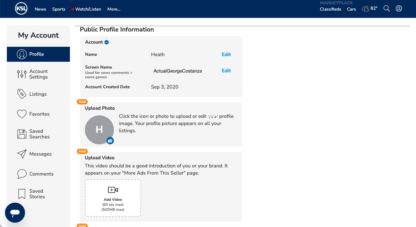 KSL.com Profile page showing Edit links next to Name and Screen Name