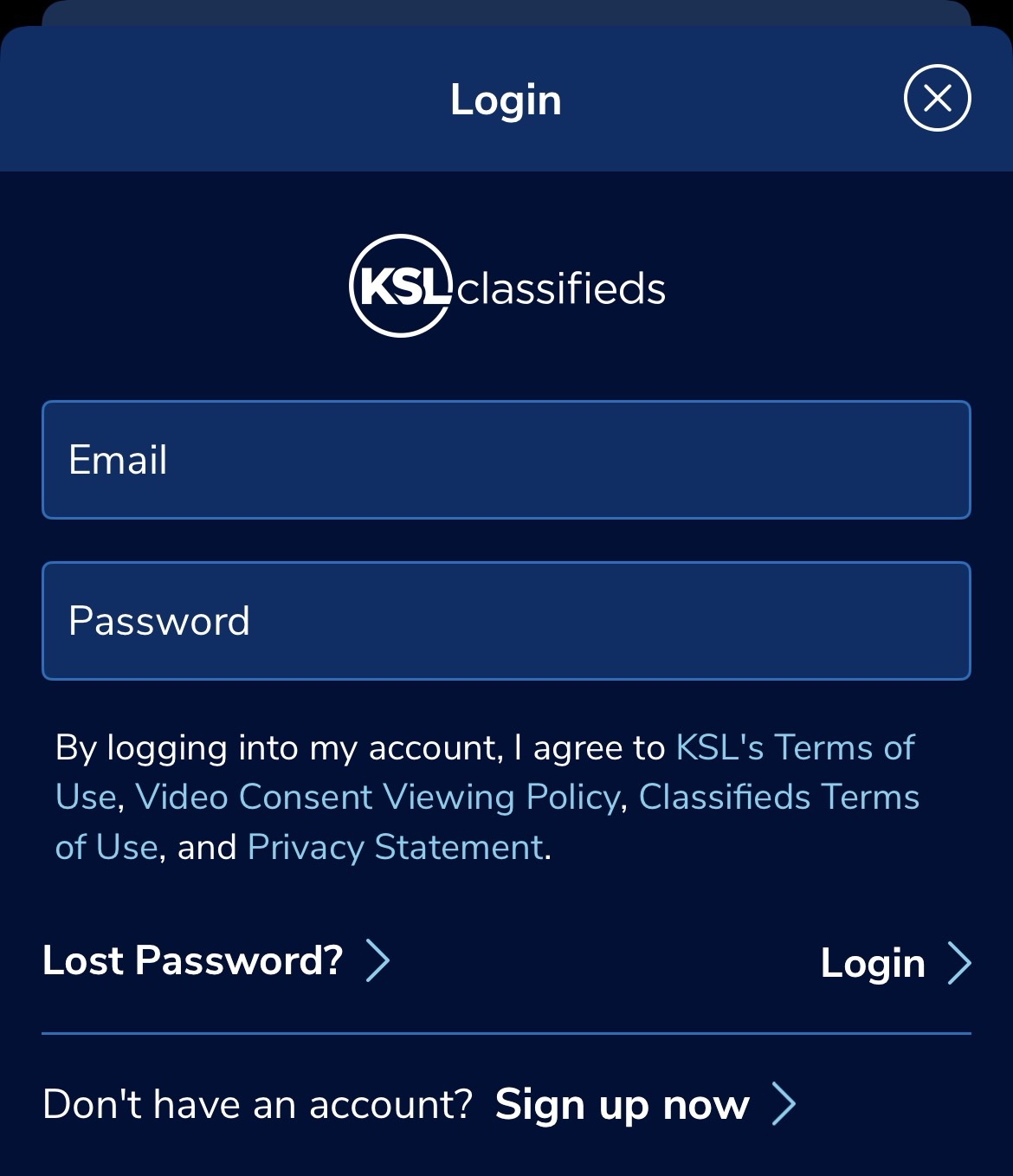 KSL Classifieds login screen showing Sign up now