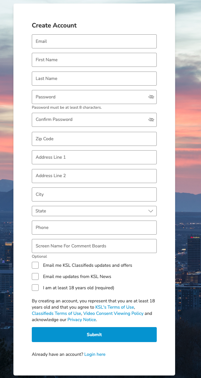 KSL.com account creation form