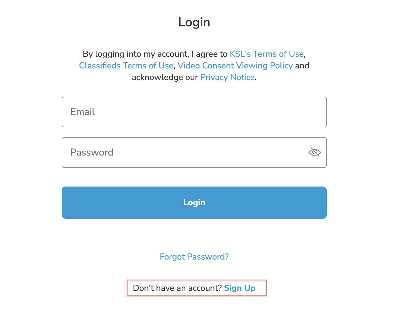 KSL.com Login page showing Sign Up