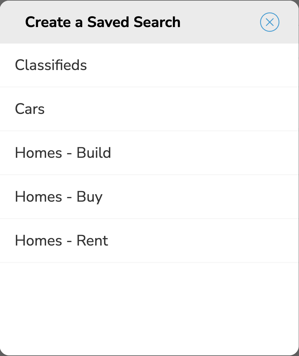 Create a Saved Search window showing available sections