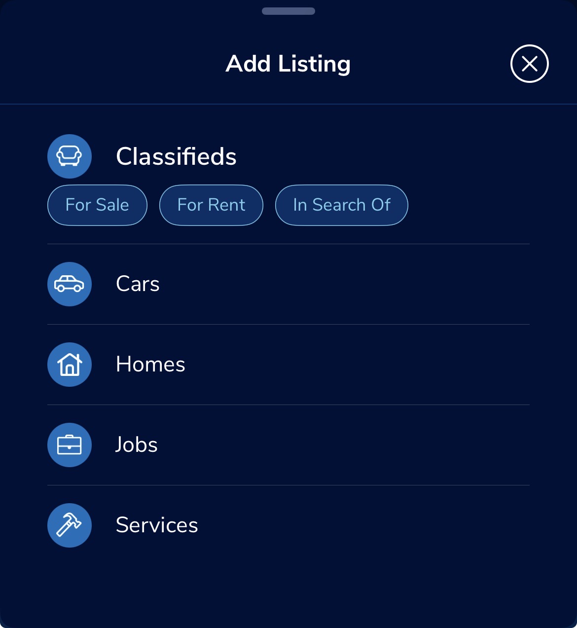 Add Listing menu showing Classifieds and For Sale options