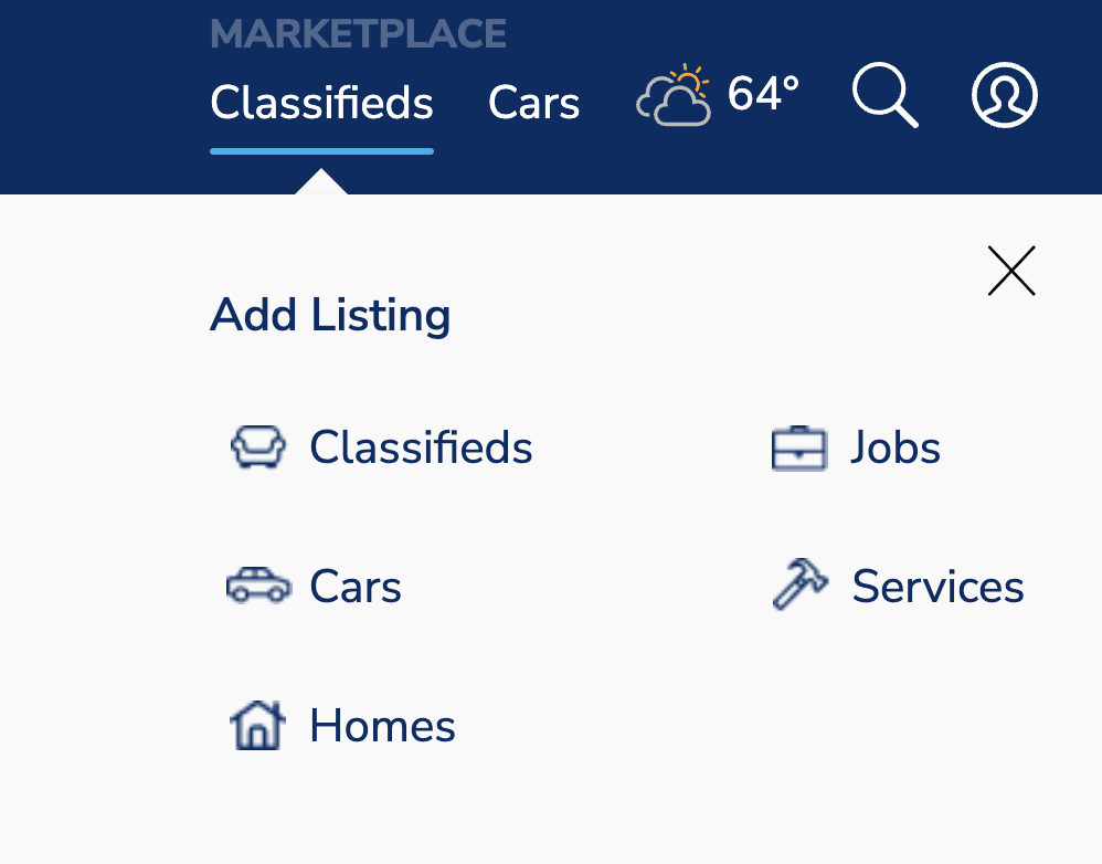 Add Listing panel showing Classifieds, Cars, Homes, Jobs, and Services