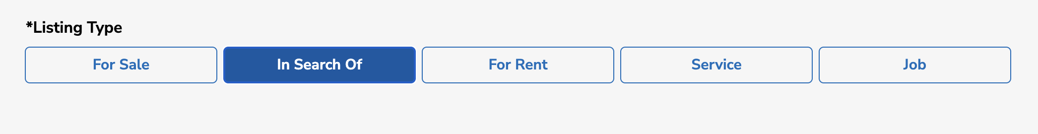 Listing Type selector with In Search Of selected