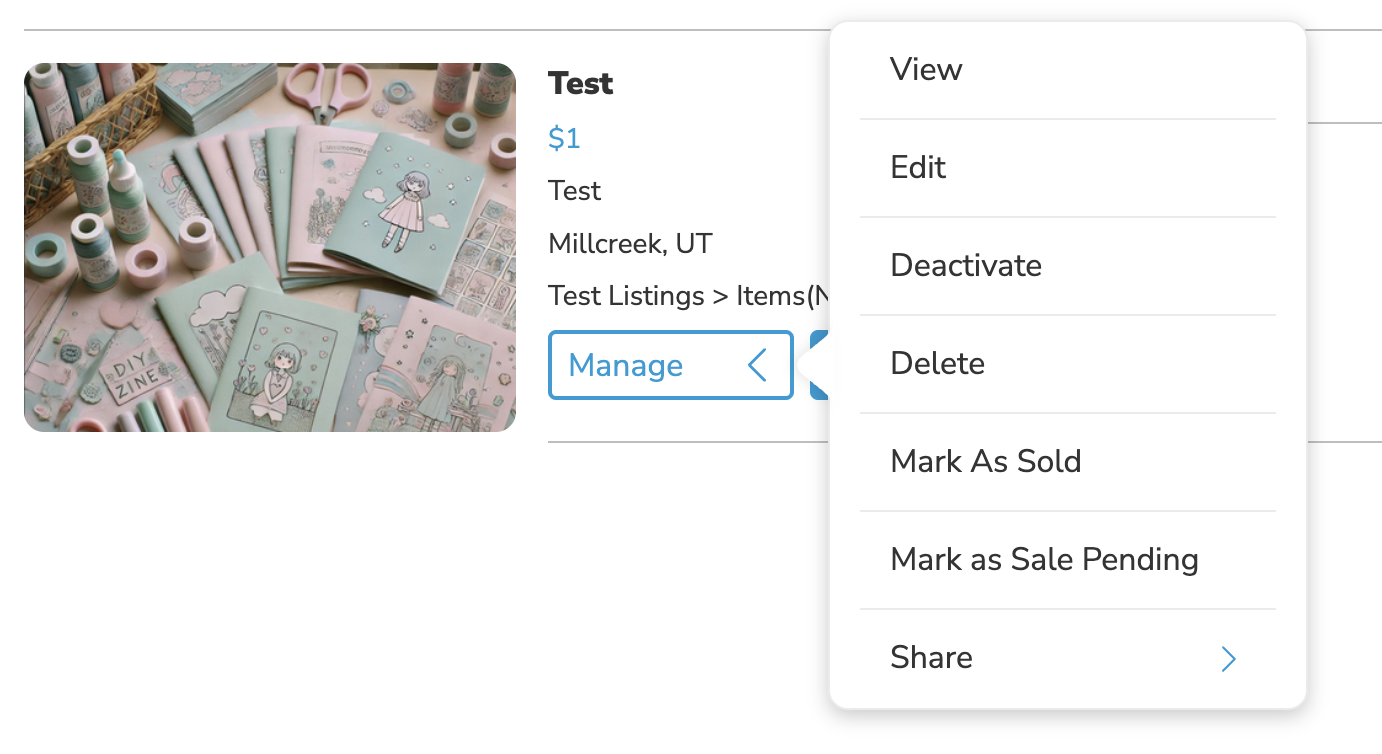 Manage menu for an active Classifieds listing on KSL.com