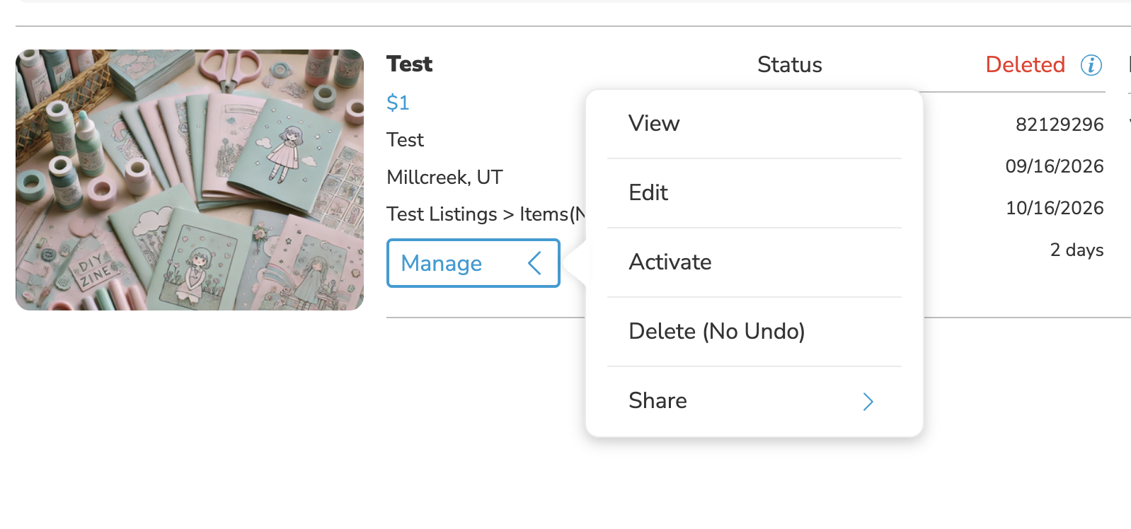 Delete No Undo confirmation on KSL.com warning that the listing will be permanently removed