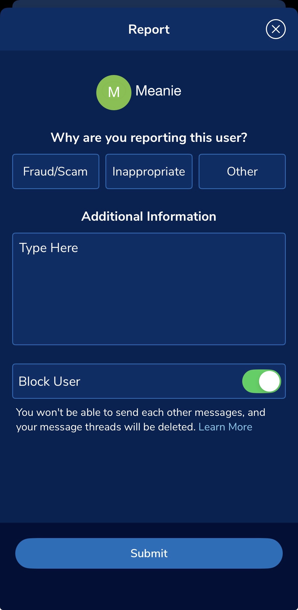 KSL Classifieds app Report form showing reporting reasons, Additional Information, the Block User toggle turned on, and the Submit button