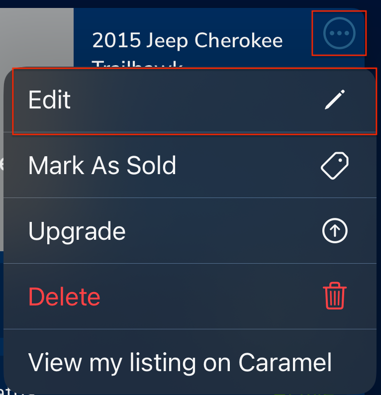 Three-dot menu on a listing showing Edit