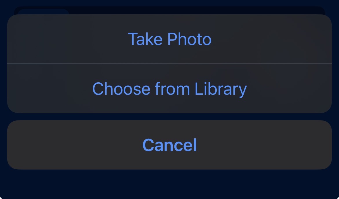 Photo upload options showing Take Photo and Choose from Library