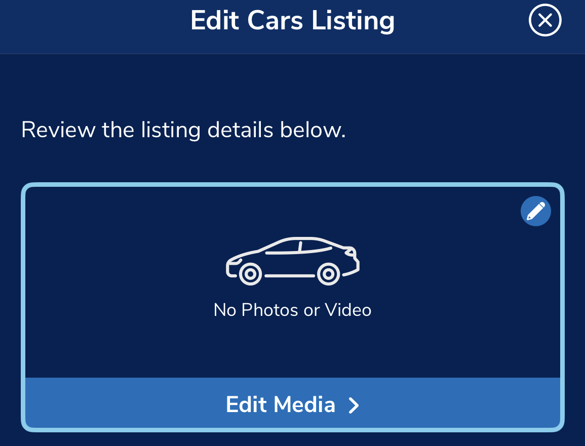 Edit Cars Listing screen showing Edit Media