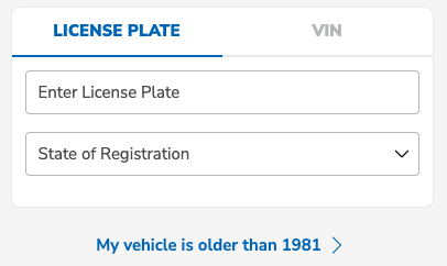 Vehicle lookup screen showing License Plate and VIN options