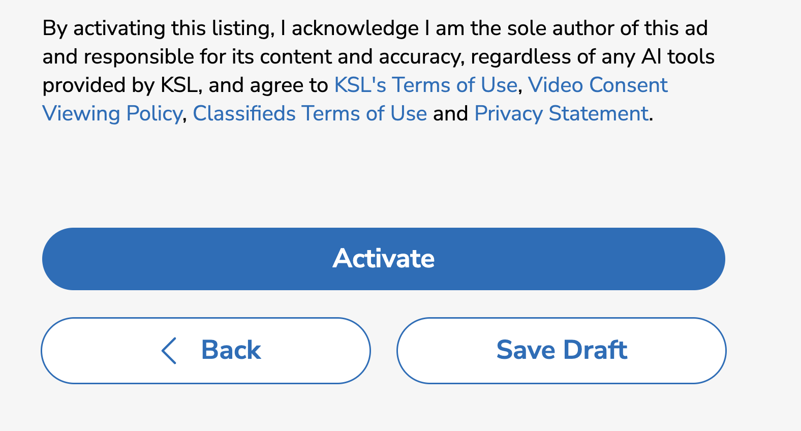 KSL Cars listing screen showing Activate, Back, and Save Draft buttons