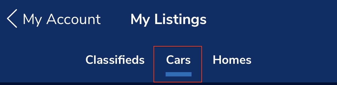 My Listings screen showing the Cars tab
