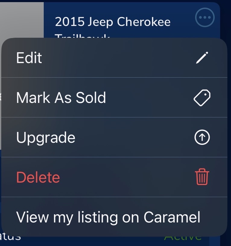 Listing options menu showing Mark as Sold and Delete