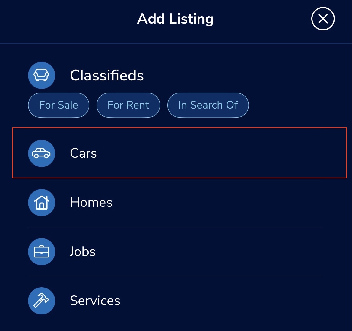 Add Listing menu in the KSL Classifieds app showing Cars