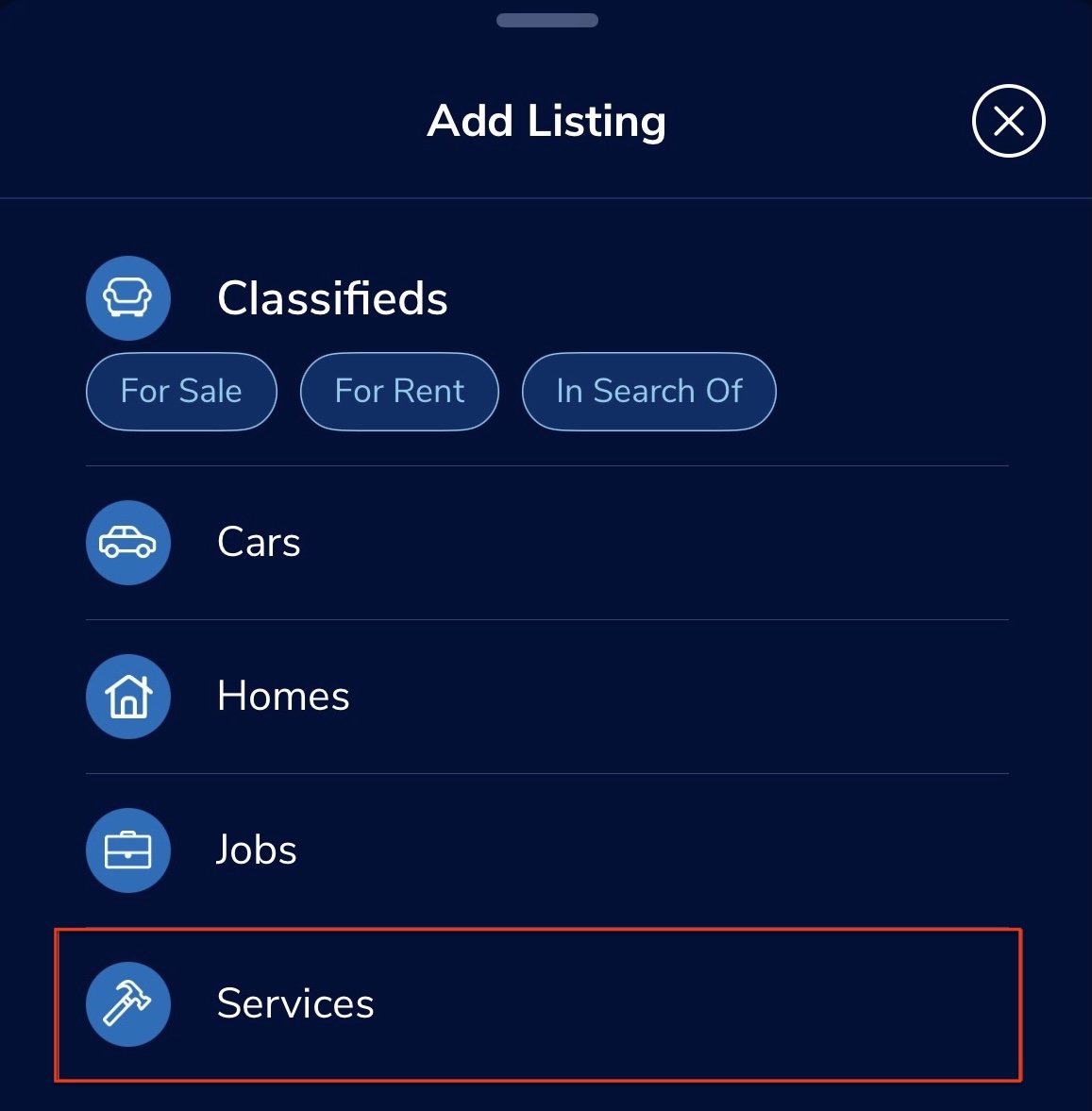 Add Listing menu with Services option
