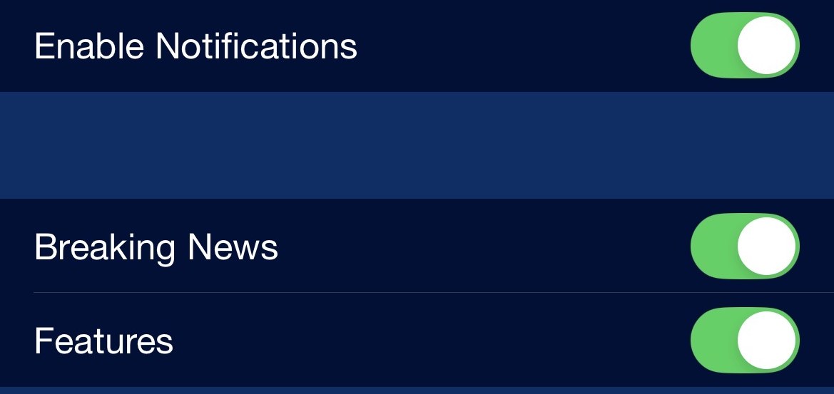iOS notification settings with Breaking News option