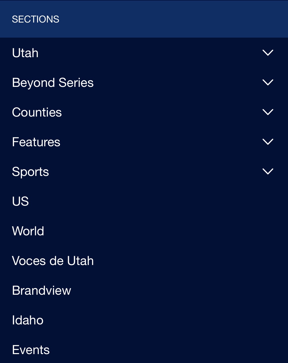 KSL News app Sections menu