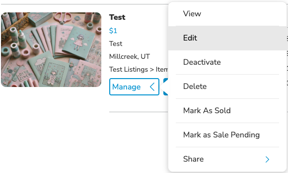 Manage menu with Edit option for a listing on KSL.com