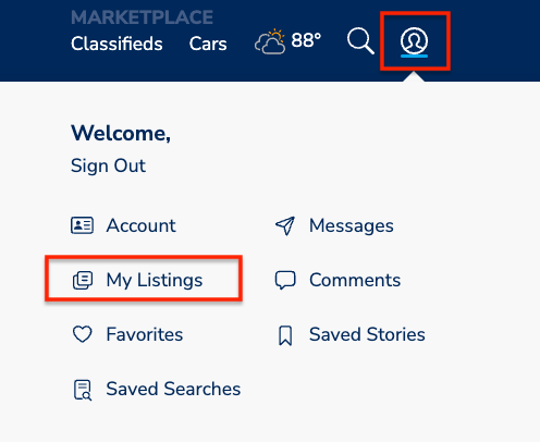 My Listings option in the KSL.com account menu