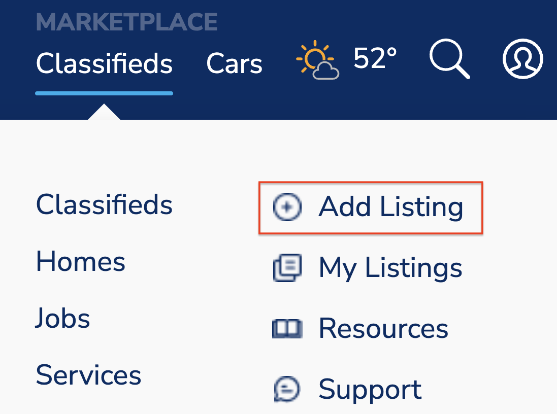 KSL.com Marketplace navigation showing Classifieds and Add Listing