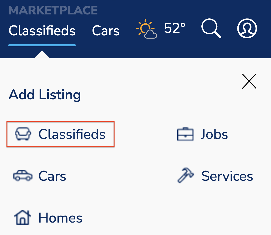 KSL.com Add Listing panel showing the Classifieds option