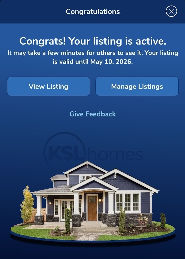 KSL Homes for Sale listing activation confirmation