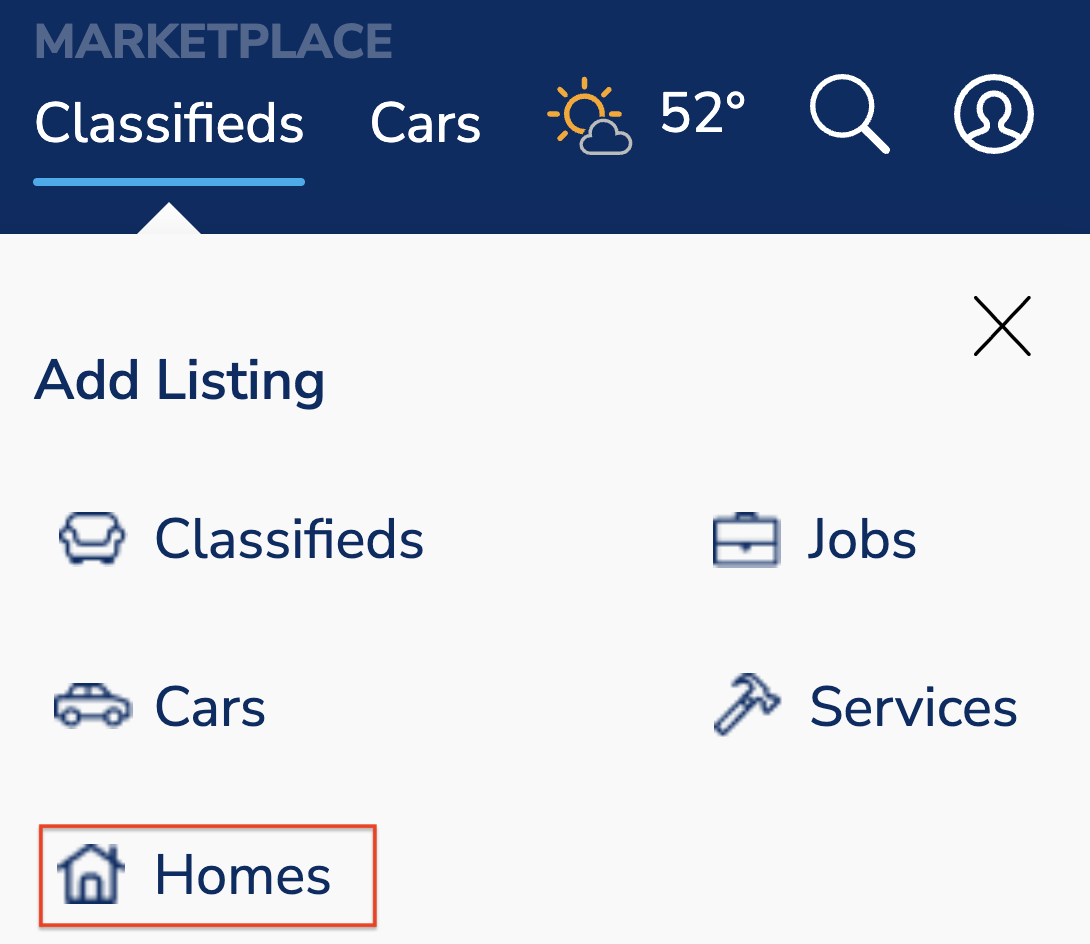 KSL website navigation showing Marketplace, Classifieds, and Homes
