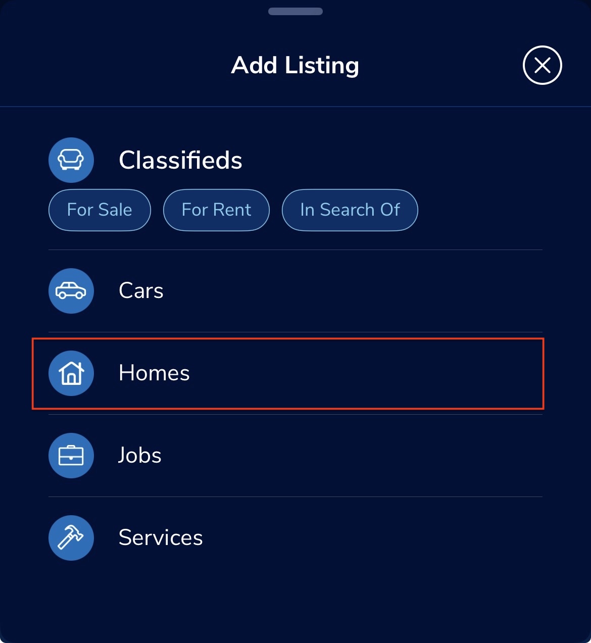 KSL Classifieds app category screen with Homes option