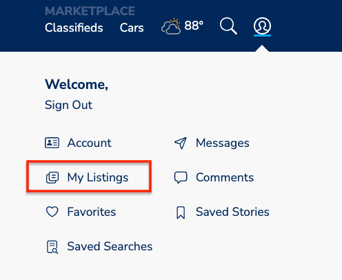 KSL.com account menu with My Listings highlighted