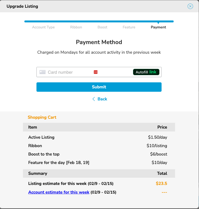 Payment Method screen for a rental listing with Submit highlighted